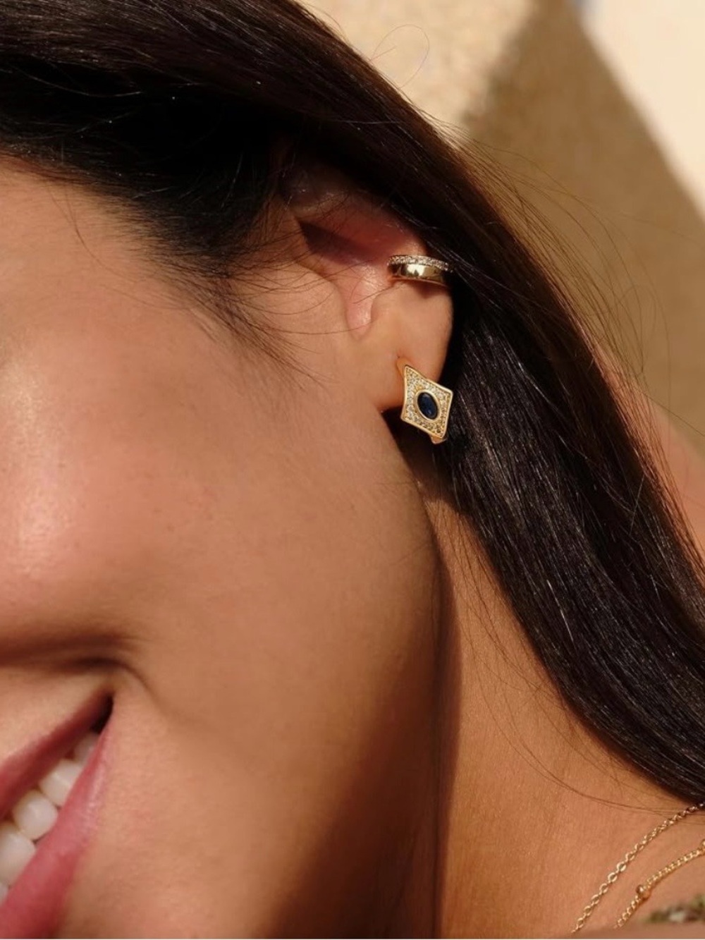 14K Gold Plated Zirconia Huggies Vintage Style Earring - Picture 2 of 4